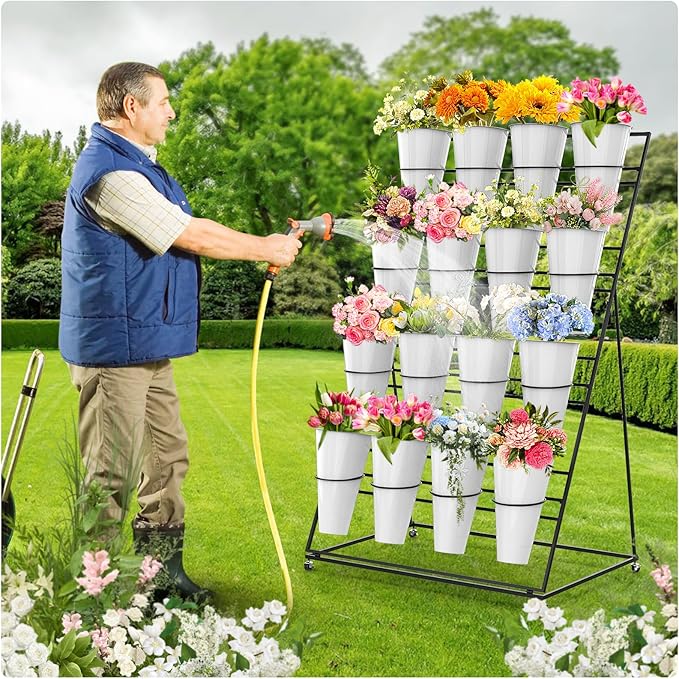 Flower Display Stand 4 Layers with 16 PCS Round Buckets, Plant Stand with Wheels, Movable Metal Plant Stand for Terrace Garden, Florist Shop
