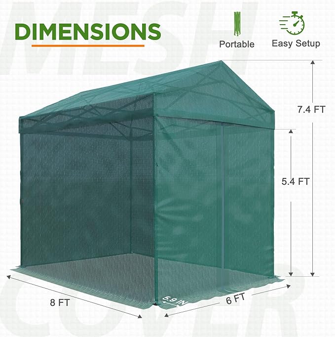 EAGLE PEAK 8x6 Walk in Shade Cloth Cover Greenhouse Instant Pop up Portable Gable Roof Gardening Green House with Mesh Cover, Roll up Doors, Green