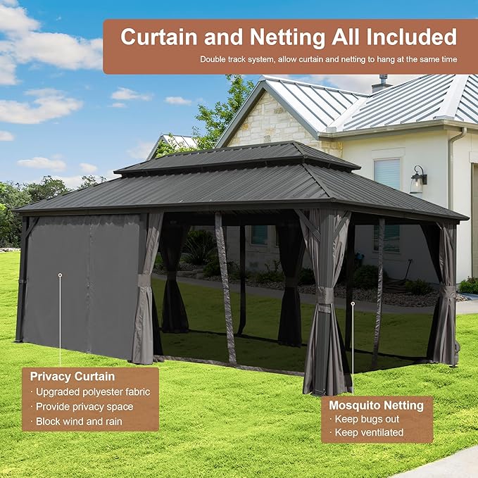 Domi Hardtop Gazebo 12x20FT, Aluminum Outdoor Gazebo with Galvanized Steel Double Roof Canopy, Curtains and Netting Included, Metal Gazebo Permanent Pavilion for Patio, Lawn, Garden, Gray