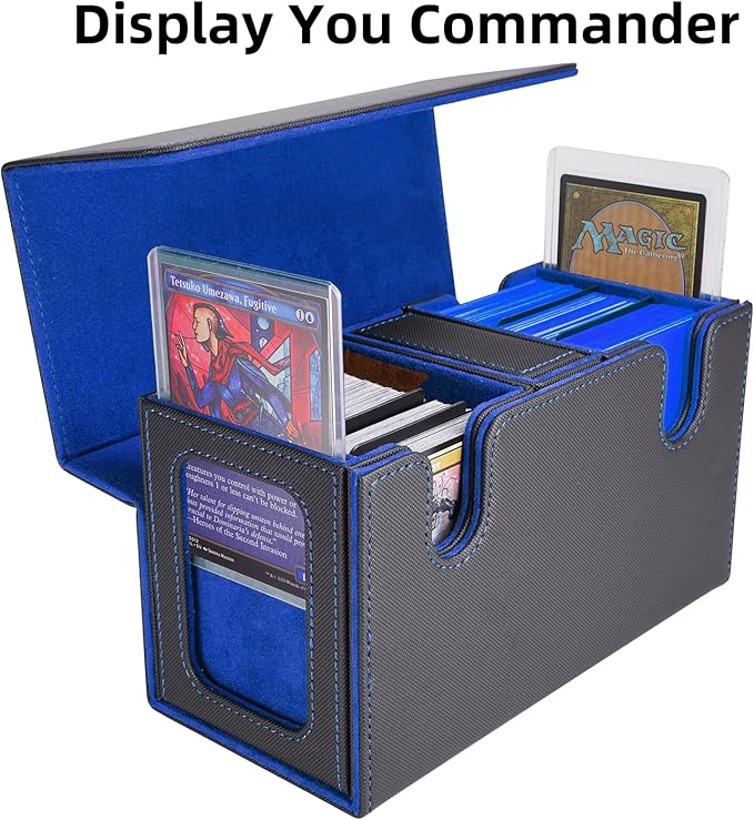 AFIING MTG Commander Card Storage Box - Fits 200 Double Sleeved Cards,3-in-1Card Deck Case,Strong Magnet Card Organizer For Magic Commander TCG CCG,4Dividers &2 Toploaders, Black/Blue