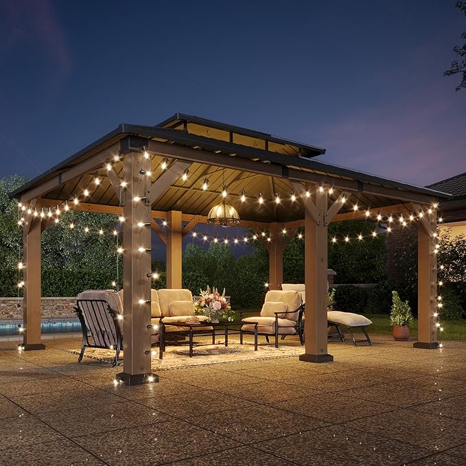 Aoxun 12' x 20' Outdoor Wood Gazebo, Hardtop Gazebo Permanent Wooden Pavilion with Galvanized Steel Double Roof, for Patio, Garden, Backyard, Cedar Wood