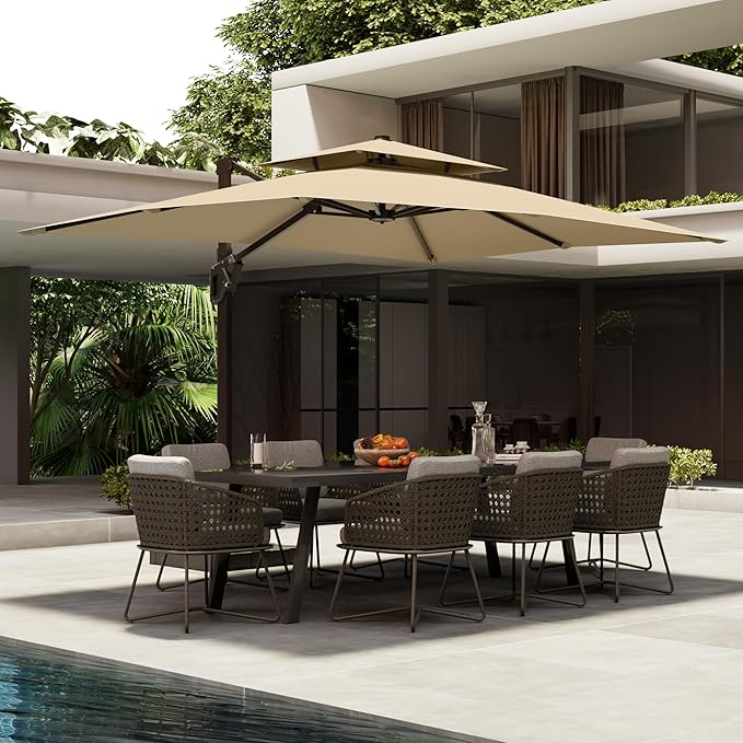 10' X 13' Patio Umbrella with Base Included Outdoor Large Rectangle Offset Cantilever Umbrellas Double Top Heavy Duty Windproof with 360-degree Rotation for Pool Garden Deck