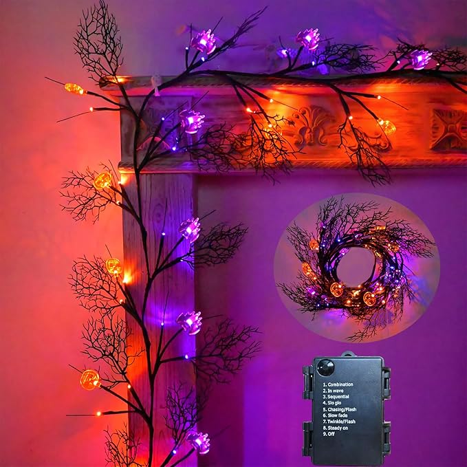 Halloween Garland with Lights 8.86FT 72LED Willow Vine Twig with Timer Black Garland Lights with Orange Pumpkins Purple Bats and Black Leaves Dead Branches Halloween Decorations Indoor Outdoor
