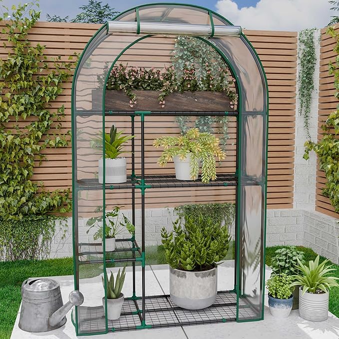 4-Tier Mini Greenhouse, 40 x 18 x 63 inch Steel Frame and PE Cover Plastic Plant Rack Stand Green House with Plant Repotting Mat for Indoor & Outdoor Use (Clear)