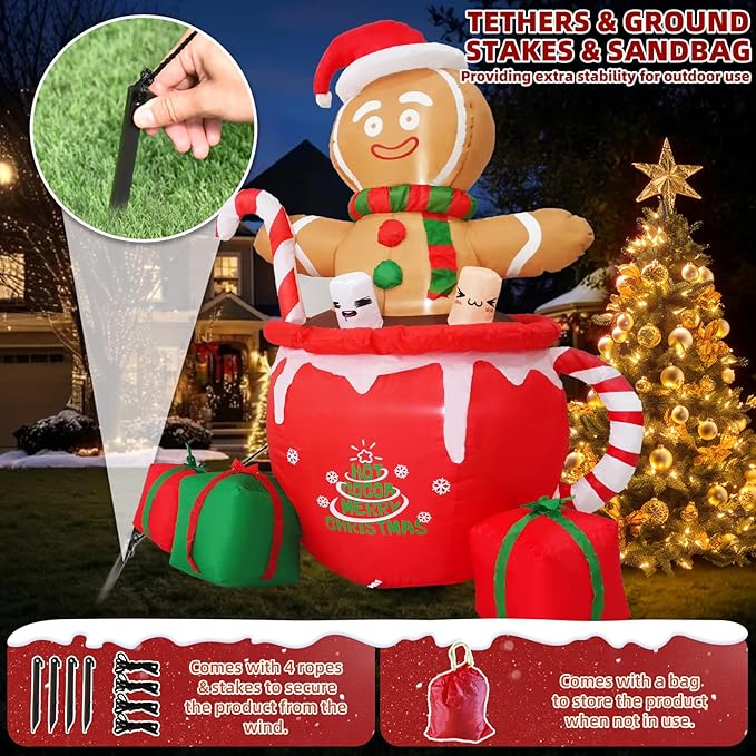 Gardwin 6ft Gingerbread Christmas Inflatable Outdoor Decoration, Christmas Outdoor Decoration Blow up Gingerbread Mug Yard Decorations Clearance with Built-in LEDs for Indoor Garden Lawn Party Decor