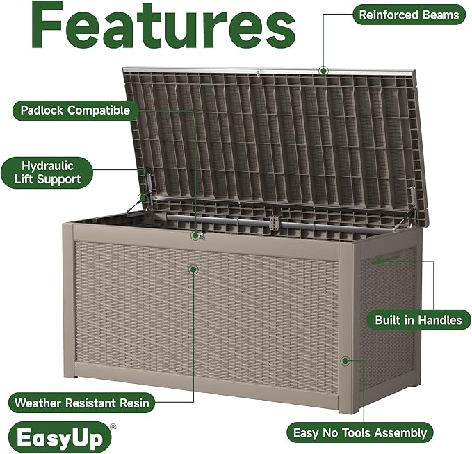 EasyUp 260 Gallon Outdoor Storage Box Waterproof, UV Resistant Resin Deck Box with Hydraulic Rod, Reinforced Stability for Patio, Garden, Rattan Gray