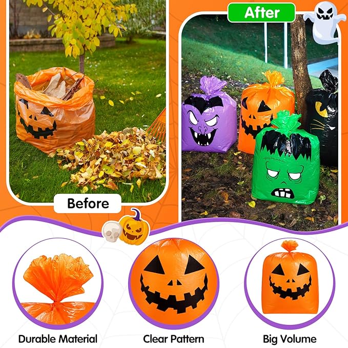 Qilery 6 Pcs Large Halloween Leaf Bags Halloween Reusable Pumpkin Lawn Trash Bags with Twist Ties for Yard, Garden, and Outdoor Party Favors Decorations