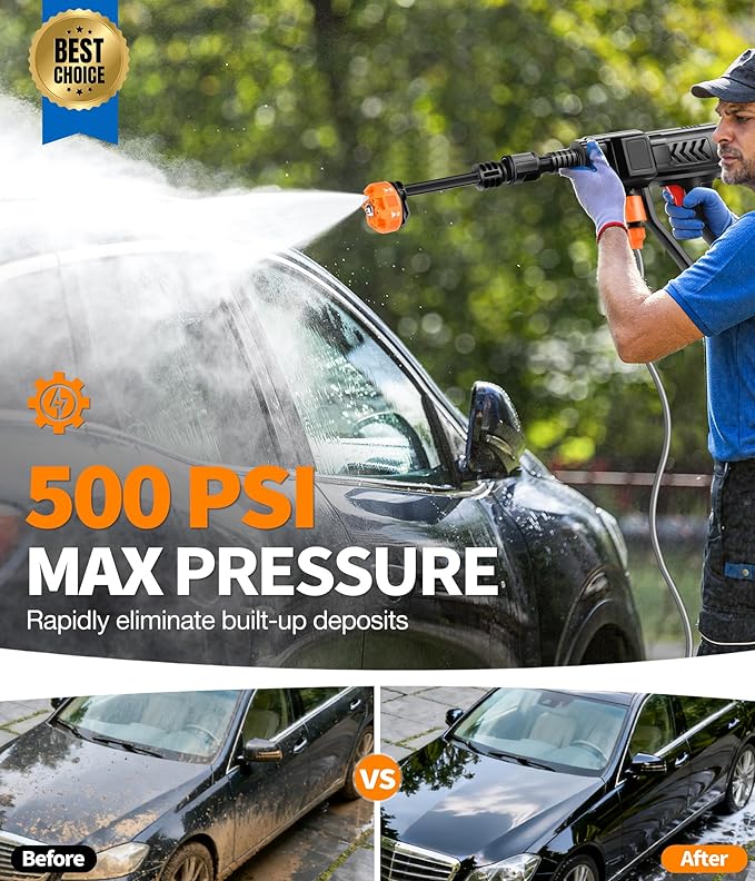 Cordless Pressure Washer Battery Operated, 500 PSI Cordless Power Washer with 6-in-1 Nozzle & Foam Cannon, Handheld Pressure Washer with Triple Water Source & 16FT Hose for Car, Home, Yard
