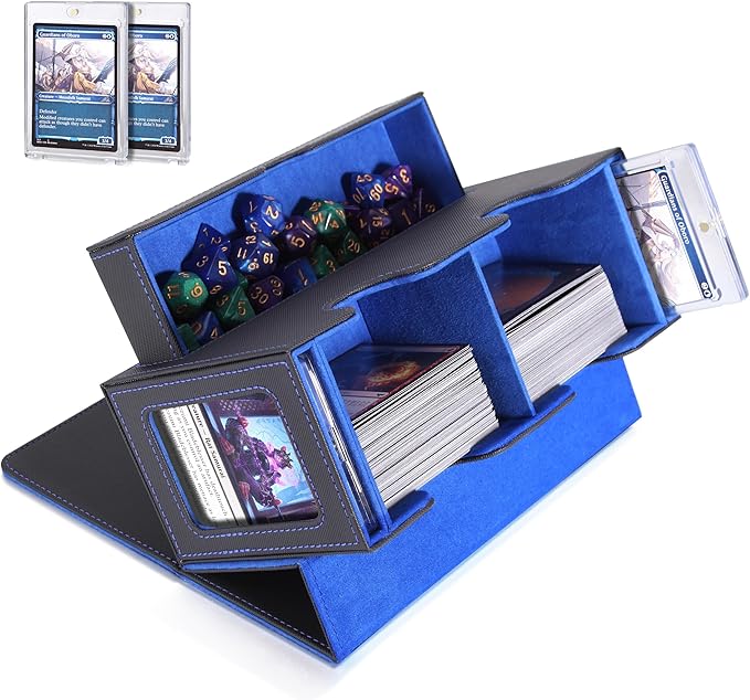 MTG Deck Box, MTG Commander Card Deck Box with Commander Display, Fits 250+ Single Sleeved, Double Card Storage Box with Dice Tray, Magnetic Card Storage Case for CCG TCG Sports Cards, Black Blue