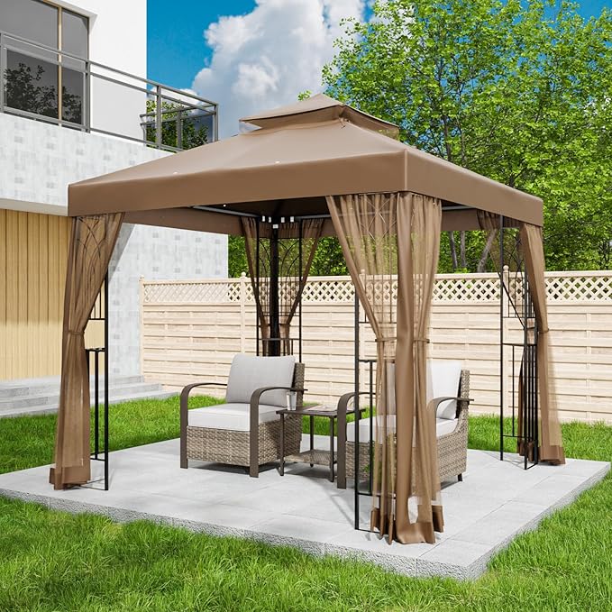 EAGLE PEAK 8x8 Patio Gazebo with Mesh Netting, Double Roof Outdoor Pavilion with Corner Shelves for Lawn, Deck, Garden and Backyard, Brown
