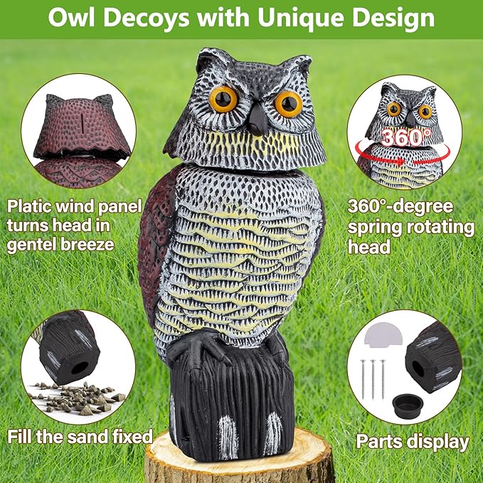 Owl Decoys to Scare Birds Squirrels Away, Rotatable Head Plastic Bird Deterrent, Waterproof Garden Owls Statue for Patio Yard Farm Protection Against Birds, Squirrels, Rabbits, Raccoons