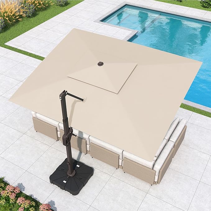 10x13 FT Cantilever Patio Umbrella Double Top Outdoor Rectangular Large Heavy Duty Aluminum Offset Umbrellas with 7 Level Tilt 360-degree Rotation for Pool Garden Deck, Beige