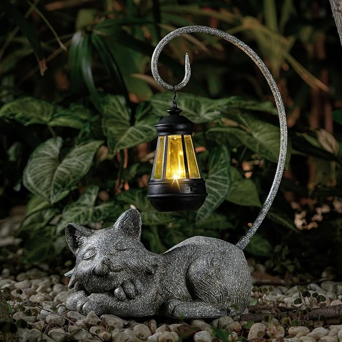 Outdoor Cat Figurine Garden Statue with Solar-Powered LED Light 13.77 Inches Tall Gift Garden Statue Decor for Cat Lovers Marbled