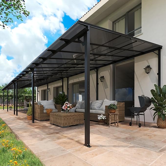 MEISSALIVVE 12' x 40' Gazebo, Wall Mounted Gazebo, Lean to Metal Awnings Gazebos with Sloped Roof, Outdoor Patio Awning for Backyard, Deck, Black