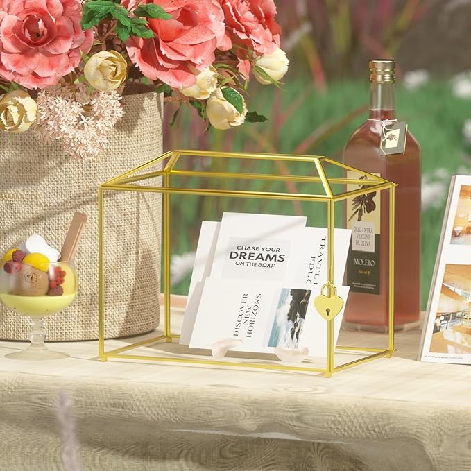Wedding Card Box with Slot and Lock for Wedding Reception - Birthdays Party Card Holder, Home Geometric Decorative, Clear Gold Terrarium (Gold) 10.2" x 5.9" x 7.9"