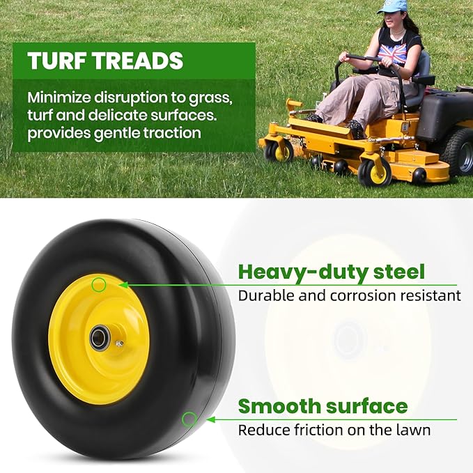 AR-PRO (2-Pack) 13x5.00-6 Flat Free Lawn Mower Tire and Wheel- Solid Smooth Tread Replacement Front Tire for Riding Zero Turn Mowers, Garden Tractors – 3/4" and 5/8" Bearings, 3.25"-5.9" Centered Hub