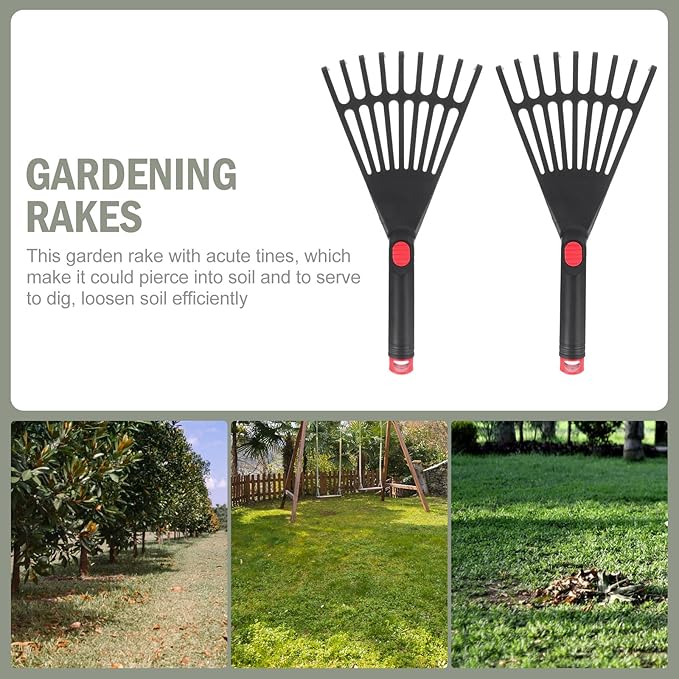 Lawn Rake Head Hand Rake Garden Tool, 2PCS Plastic Hand Rake Soil Tiller with Ergonomic Handle, Small Rake for Leaves, Gardening, Cultivating, Loosening Soil & Spreading Mulch