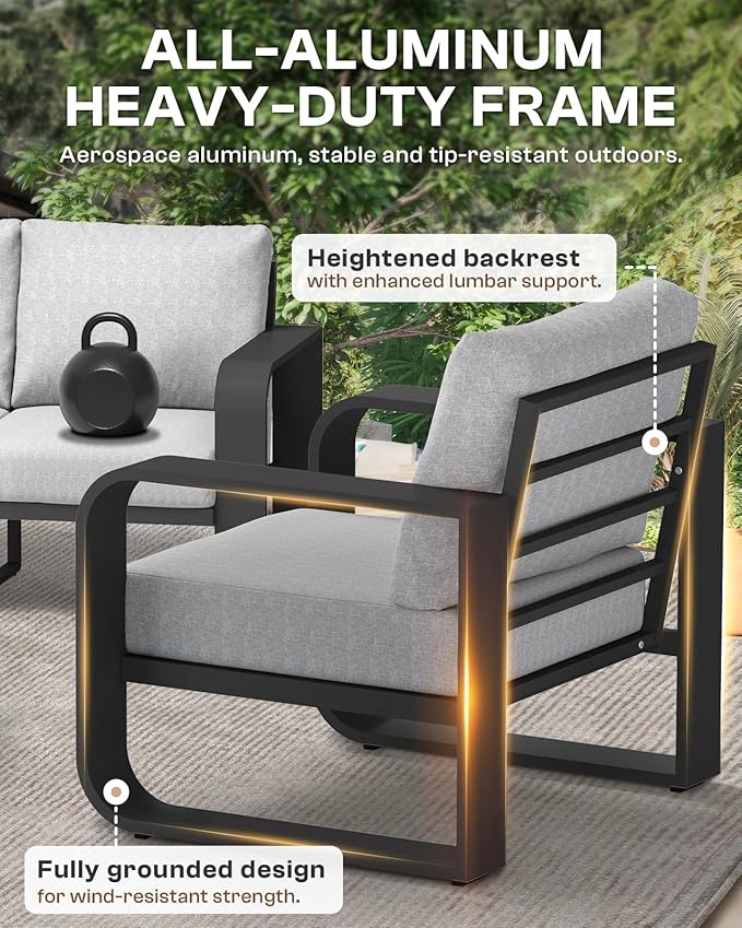 Aluminum Outdoor Patio Furniture Set 5 Piece, Oversized Patio Conversation Sets Widened Armrest & Ultra-Thick Cushions, Deep Seating Modern Sectional Furniture for Backyard, Porch, Gray