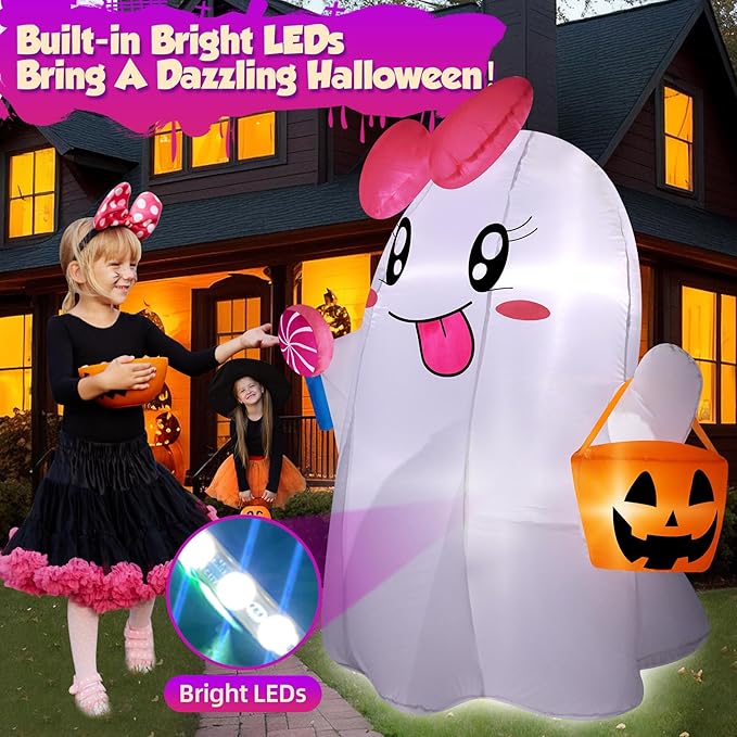 5FT Halloween Inflatables Ghost, Cute Halloween Decorations Outdoor Blow Up Yard Decorations with Built-in Bright LED Lights Pumpkin Lollipop Bow Blow-ups for Indoor Outdoor Holiday Party