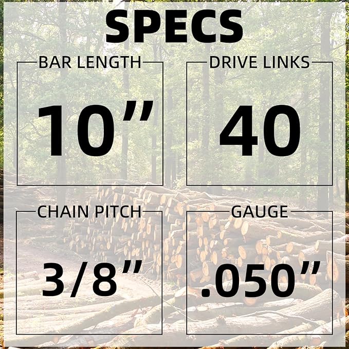 10 Inch Chainsaw Guide Bar and Chain Combo, 10" Replacement Chain for WORX WG309,10'' Chains for Sun Joe SWJ803E SWJ807E - 3/8'' .050'' 40 Drive Links (2Chain+1bar)