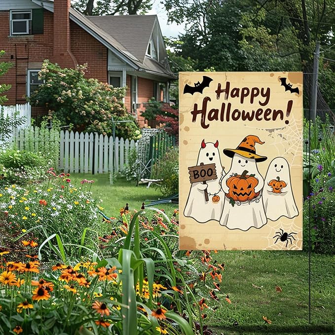 Happy Halloween Garden Flag Ghost Bat Fall Pumpkins Halloween Themed Holiday Party Outside Outdoor Lawn Decorations Yard Flag Double Sided 12x18 Inch