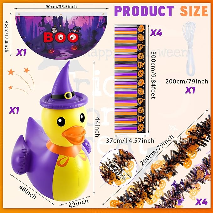 Hungdao 4ft Halloween Inflatable Witch Duck Halloween Golf Cart Decorations Kit PVC Blow Ups Witch Duck Tinsel Garlands Tinsel Streamers Fan Flag, Reusable Outdoor Decoration for Parade Yard