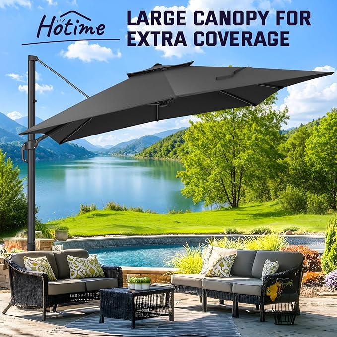 Hotime 10ft Cantilever Patio Umbrella Outdoor Heavy Duty Double Top Windproof Aluminum Offset Umbrella with 360°Rotation for Pool Garden Deck, Gray