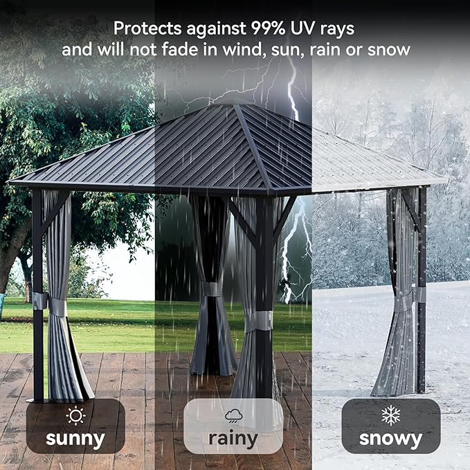 Aoxun 10'x10' Hardtop Gazebo, Galvanized Steel Outdoor Canopy Aluminum Single Top, Permanent Metal Pavilion with Netting and Privacy Curtains for Backyard, Patio and Deck