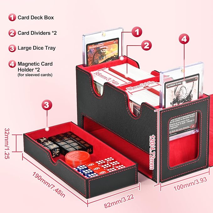 Card Deck Box for MTG, Double Card Storage Box with 2 Commander Display & 1 Dice Tray, Fits 200+ Double Sleeved Cards, Card Organizer for CCG TCG Sports Cards (Black Red)