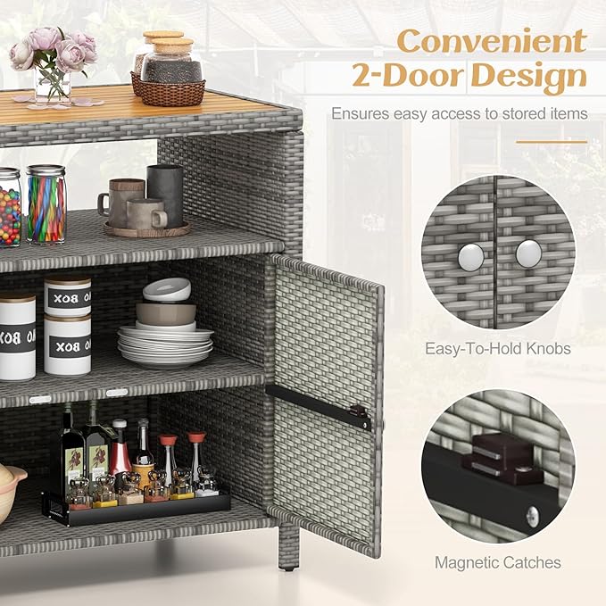 RELAX4LIFE Wicker Outdoor Bar Cabinet - PE Rattan Patio Bar Table w/Acacia Wood Countertop, Open Shelf & 2 Doors, Buffet Sideboard Organizer for Garden Backyard Pool, Outside Storage Cabinet (Grey)