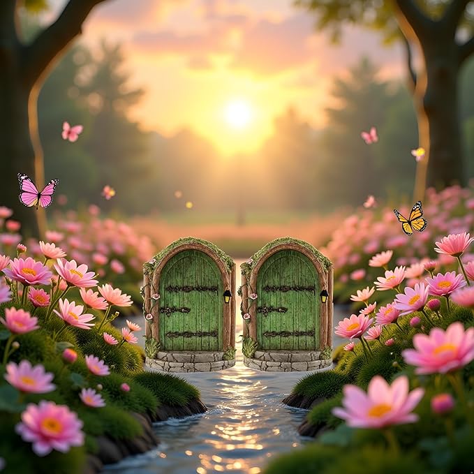 2Pcs Green Fairy Door Wooden Miniature Fairy Gardens Doors Outdoor Mini Fairy Gnome House Accessories for Tree Trunk Ornaments Garden Miniatures, Outdoor Statues,Garden Sculptures and Statues