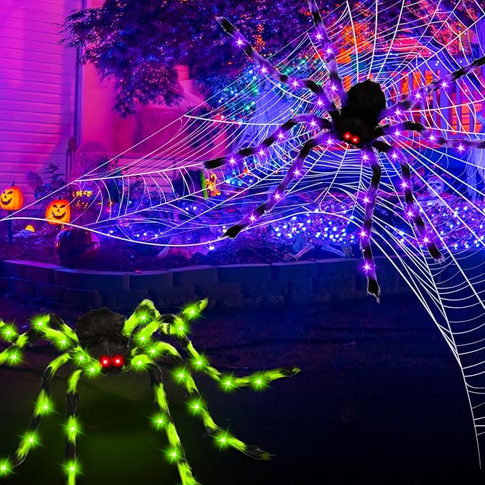 2 Pack 50" Halloween Light Up Spiders, Giant Hairy Spider Decorations with Green and Purple LED Lights, Scary Outdoor Indoor Halloween Decor for Yard, Porch, Tree, Party, Haunted House