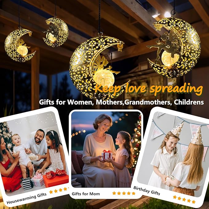 Solar Garden Fairy Statues Decor Hanging Lights,Outdoor Moon Decorations Metal Yard Art,Housewarming for Patio,Wall,Fences,Trail,Great Gift Idea for Gardening Mom and Grandma