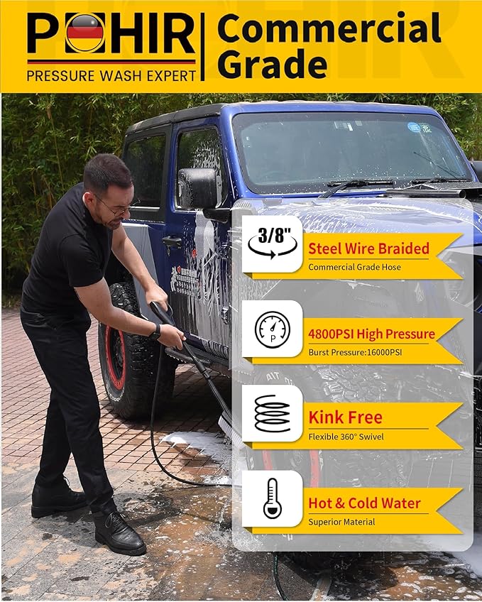 3/8" Pressure Washer Hose 50ft 4800PSI, Power Washer Hose Steel Wire Braided with Swivel Quick Connect, Commercial Grade Industrial High Pressure Water Washing Hose (4800PSI, 50FT)
