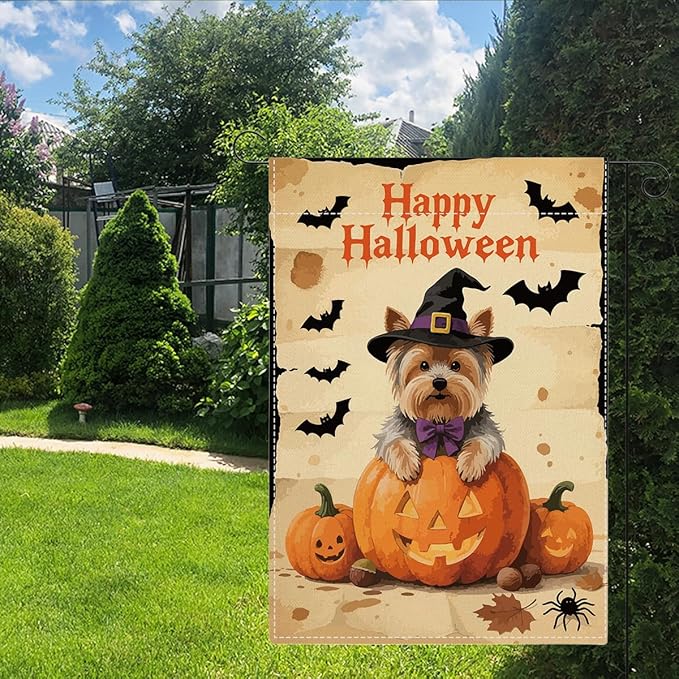 Halloween Garden Flag Yorkshire Bat Fall Halloween Themed Holiday Party Outside Outdoor Lawn Decorations Yard Flag Double Sided 12x18 Inch