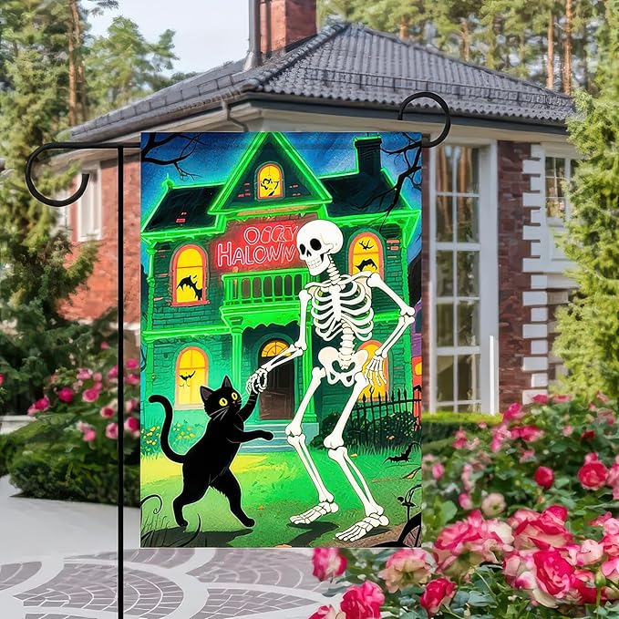 Garden Flags 12x18 Inch Halloween Garden Flag Double-Sided Skeleton Dancing with Black Cat Haunted House Pumpkin Fall Yard Decoration Trick or Treat Banner for Porch Lawn Outdoor Decor