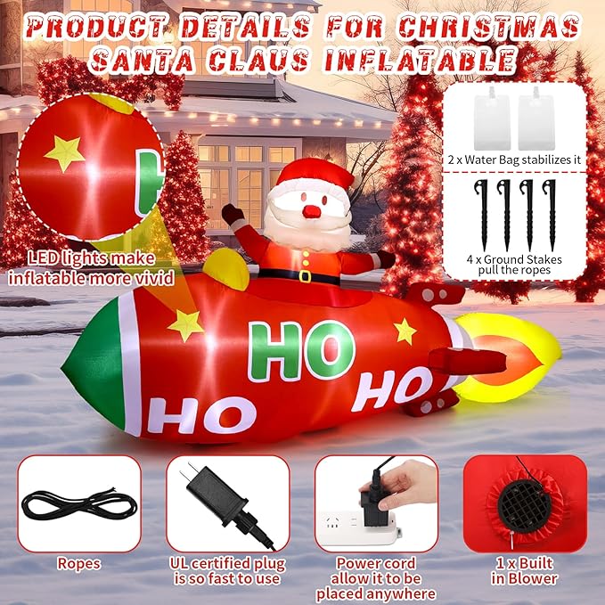 Leyndo 10 FT Christmas Inflatable Santa Claus on Rocket Outdoor Blow Up Decoration with LED Lights Cute Xmas for Holiday Party Yard Garden Lawn Decor