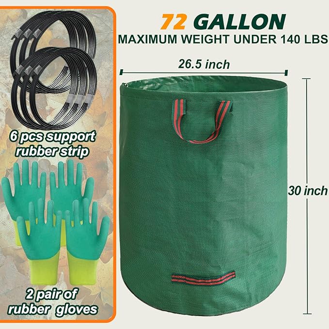 Reusable Yard Waste Bags, 72 Gallon Lawn and Leaf Bags, 6 Pack Garden Weed Bag, Standable&Collapsible Outdoor Trash Bags with 4 Handles, Camping Yard Recycling Heavy Duty Bags with 2 Pair of Gloves