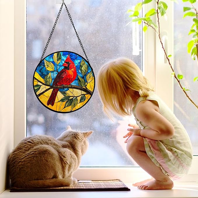 Stained Glass Window Hanging, Blue Sky Cardinal Sun Catchers Colorful Glass Panel Red Birds Suncatcher Decor for Birthday for Women, Men, Wife, Aunt, and Mom 7.8 in