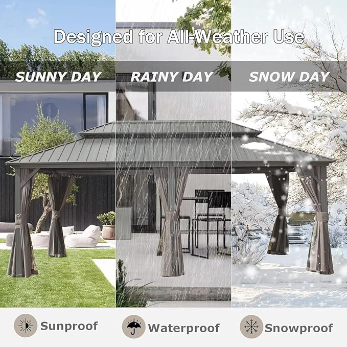 Domi 12’ X 20’ Hardtop Gazebo Canopy with Netting & Curtains, Outdoor Metal Gazebo with Galvanized Steel Double Roof for Patio Lawn and Garden, Gray