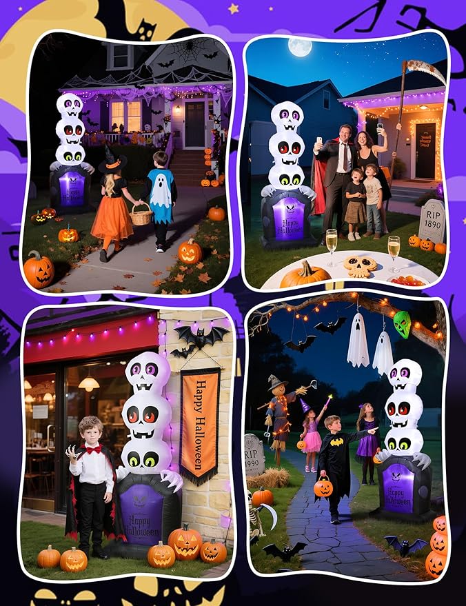 Halloween Inflatables Outdoor Decoration, 6.5FT Pumpkin/Tombstone/Black Cat/Ghost Tree, Cute Blow Up Yard Decor, for Outside Garage Door Graveyard Yard Porch Lawn (6.5FT Ghost+Tombstone)