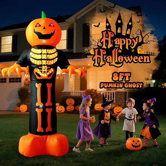 HFO 8 FT Halloween Inflatables Outdoor Decoration Pumpkin Reaper Ghost with Magic Lightshow Bones and Flashing Eyes Blow Up Yard Decoration with LED Lights Holiday Party Yard Lawn Decor