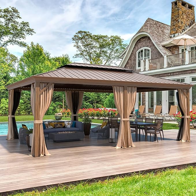 MELLCOM 14'x20' Hardtop Gazebo, Wood Grain Aluminum Frame Pergola with Galvanized Steel Roof, Outdoor Metal Gazebos with Curtains and Nettings for Patio, Backyard, Deck and Lawns