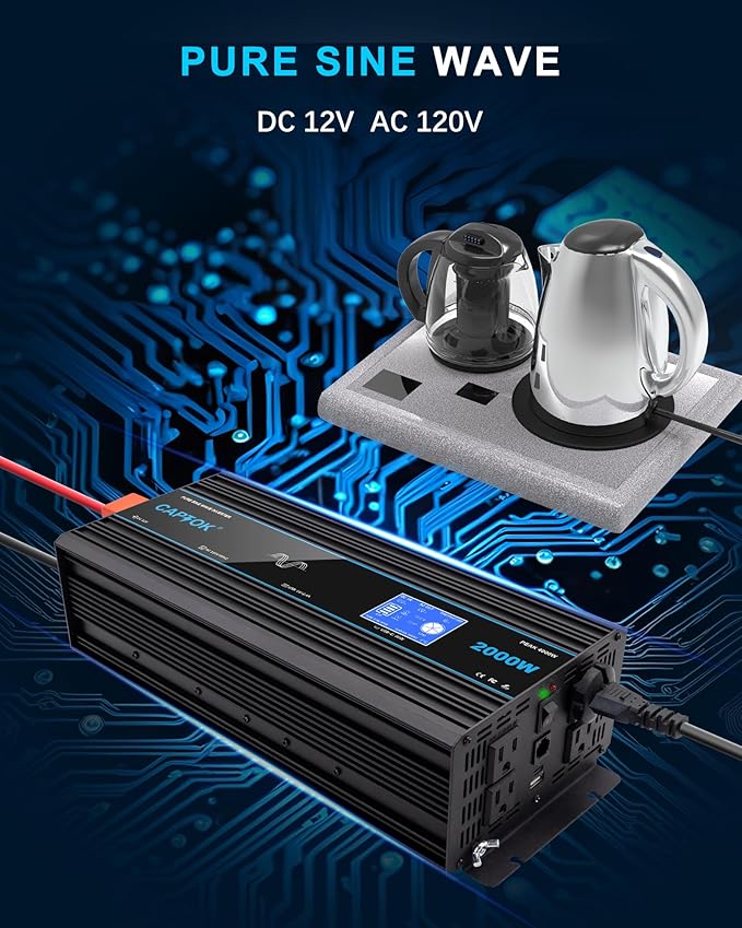 2000W Pure Sine Wave Inverter DC 12V AC 120V Double LCD Screen Remote Control Power Inverter 30W USB-C 4AC Outlets for RV, Home, Solar System