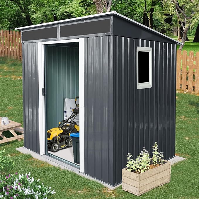 6X5 FT Outdoor Storage Shed, Waterproof Metal Garden Sheds with Lockable Door, Steel Tool Storage Buildings Shed & Outdoor Storage House for Garden, Backyard, Patio, Trash Cans(Black and White)