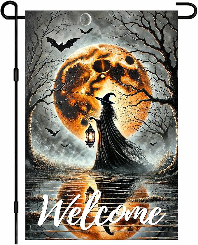 Halloween Garden Flag 12x18 Inch Witch Welcome Spooky Flag Full Moon Bats Haunted Outdoor Yard Decor House Banner Porch Lawn Patio Home Decoration