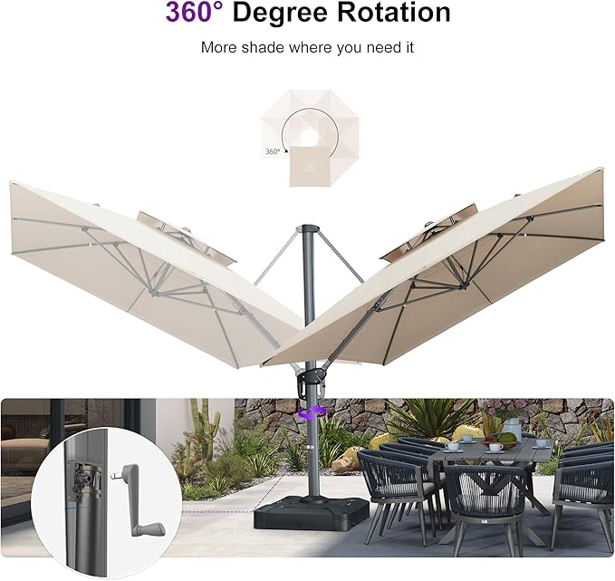 PURPLE LEAF Cantilever Umbrella with Base Included 10' X 13' Outdoor Patio Rectangular Umbrella with Double Top Large Heavy Duty 360° Rotation Offset for Deck Backyard Pool Spectrum Sand