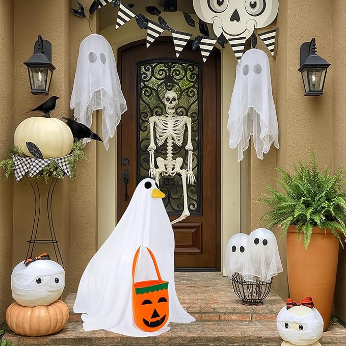 Halloween Porch Goose Outfit Ghost Goose Clothes for 23'' Cement Plastic Geese Silly Lawn Geese Yard Outdoor Decoration