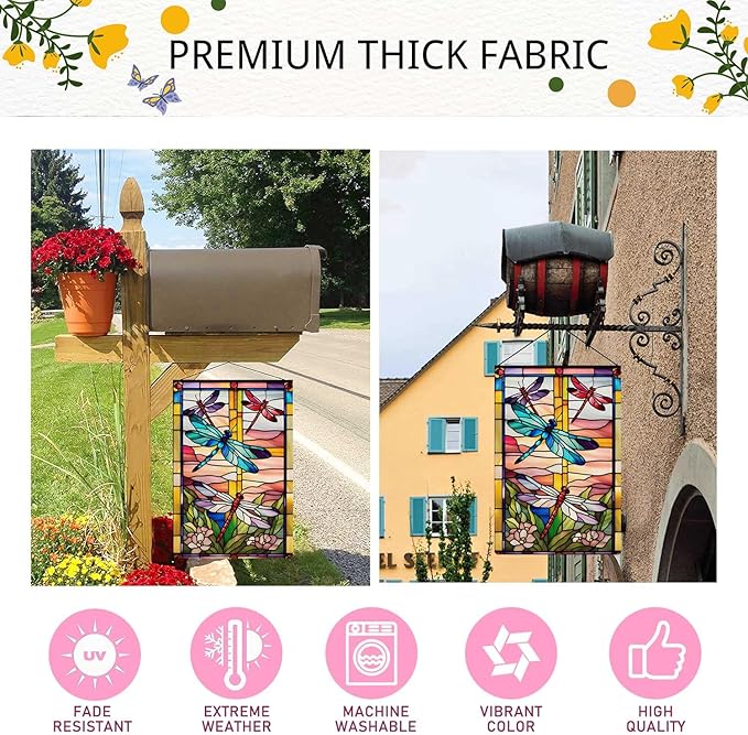 Spring Summer Dragonfly Garden Flag Stained Glass Style Flowers Garden Flag Vertical Double Sided Rustic Farmland Burlap Yard Lawn Outdoor Decor 12.5x18"