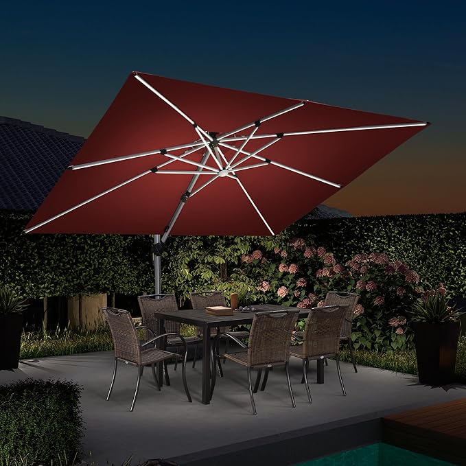 PURPLE LEAF 9' X 12' Solar Powered LED Square Cantilever Umbrella With Base Patio Umbrellas Windproof Hanging Umbrella Outdoor Umbrellas, Terra